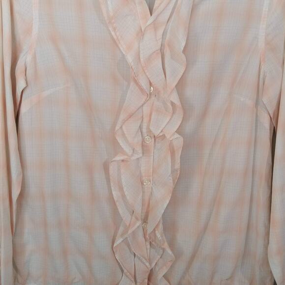 LOFT Ann Taylor Womens Pink White M Top Cotton Plaid Semi-Sheer Button-Up Ruffle - Picture 3 of 7